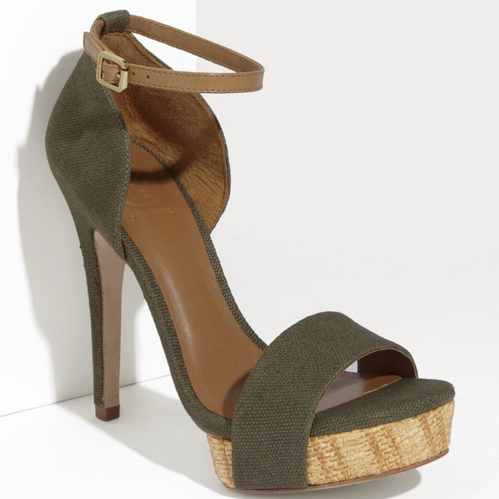 Tory Burch Amina Women Sandal Sz 8 Olive Woven Platform High Heel Ankle Strap